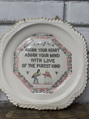 Vintage Decorative Plate Lot Cottage 1970s Pennsylvania Dutch Cross Stitch - Picture 3 of 6