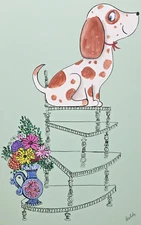 PUPPY DOG W/FLOWERS Rosalind Welcher signed original art c1960s-70s Panda Prints