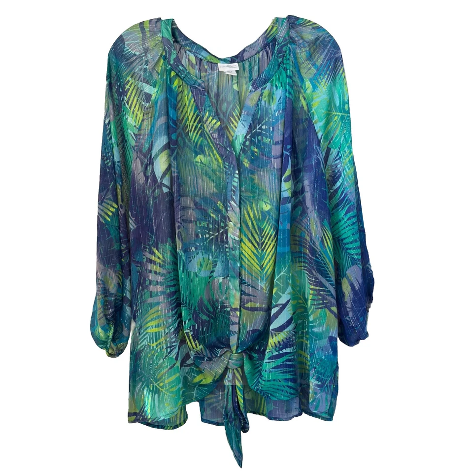 Camiseta de corbata JACLYN SMITH talla 3X hojas de palma volantes transparentes manga 3/4 abotonada Foto 3 de 4