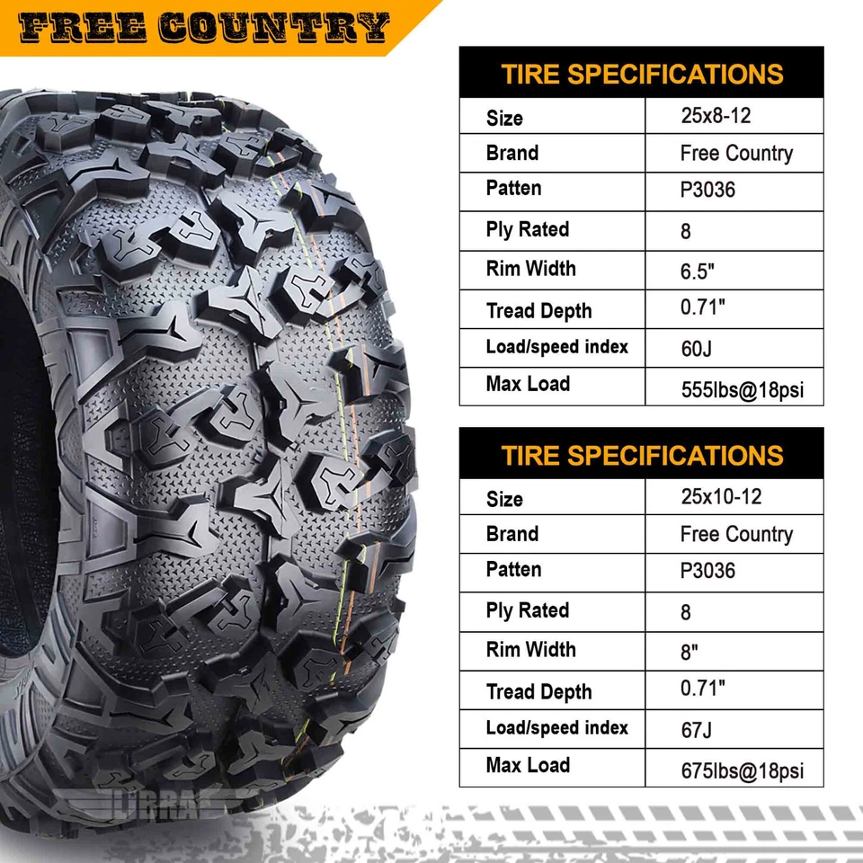 FREE COUNTRY 8PR ATV Tires 25x8-12 25x10-12 04-12 Yamaha BIG BEAR 400  BRUIN 350 - Image 3 of 4