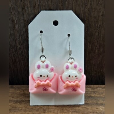 NWT Kawaii Bunny Envelope Earrings Pierced White Rabbit Bow Love Dangle Drop