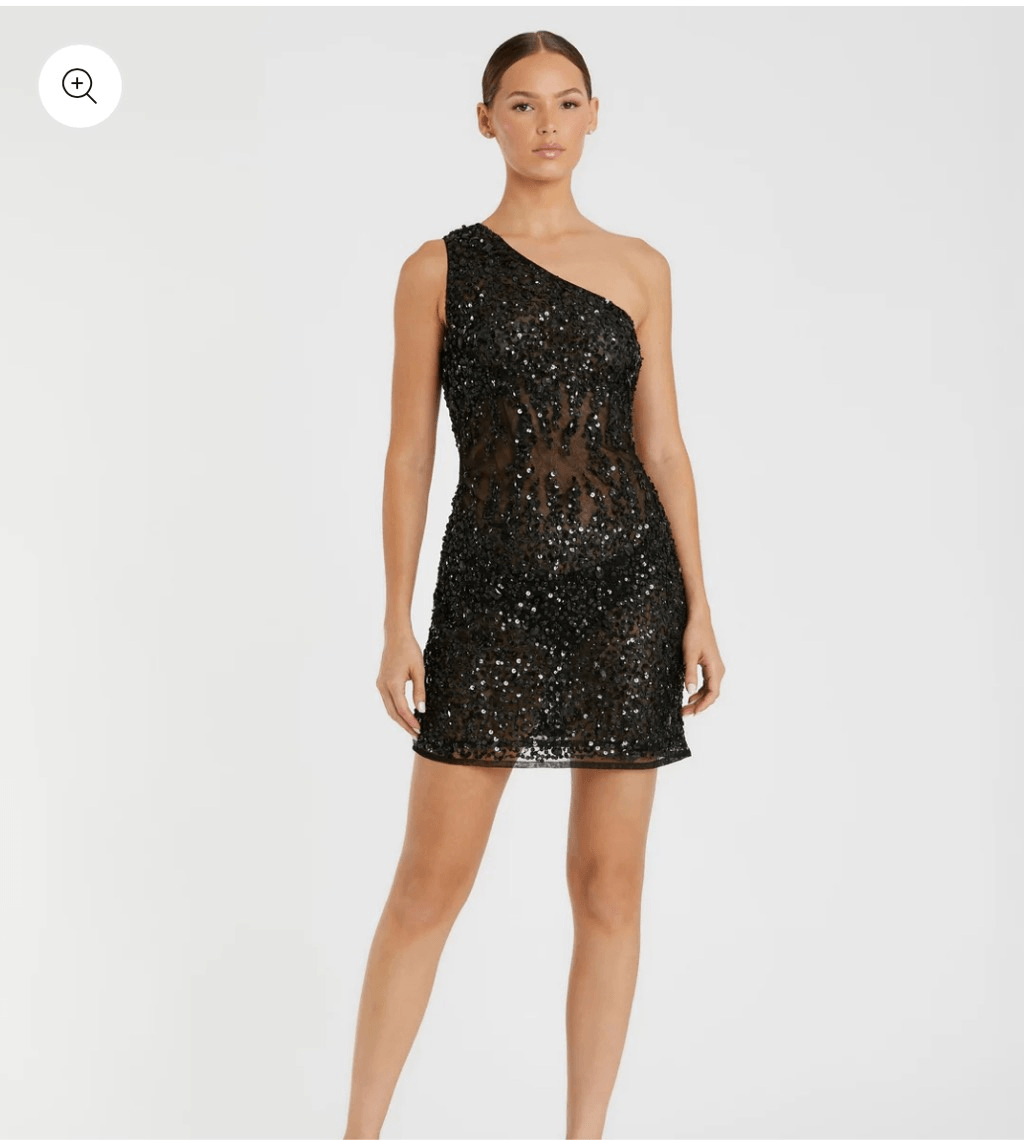 MAC DUGGAL Black One Shoulder Sheer Hand Beaded Mini Dress