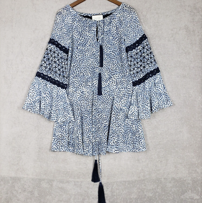 Alexis Dress XS Lanelle Mini Short Blue Dotted Drawstring Bell Sleeve  Tassels | eBay