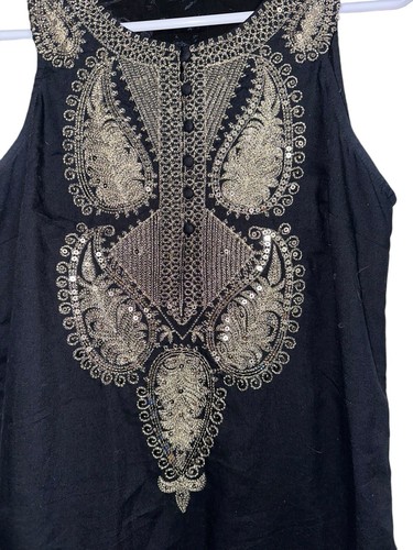 Free People Womens 6 Black Gold Sequined Sleeveless Shift Dress Boho India Made - Picture 2 of 8