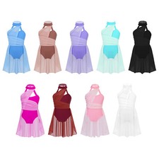 Kids Girls Figure Skating Stage Modern Bodysuit Ballet Solid Color Dress Show