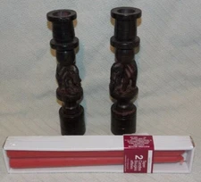Pair of Vintage Hand Carved Wood Elephant 8.5" Taper Candle Sticks +++ 2 Candles