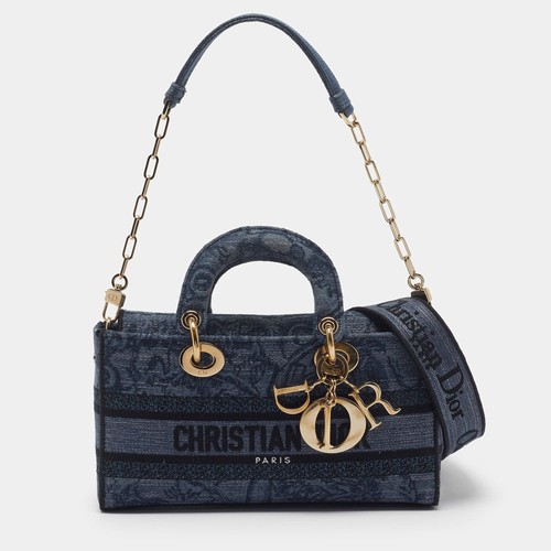 Dior Lady DJoy Medium BlueBlack Embroidered Denim Tote