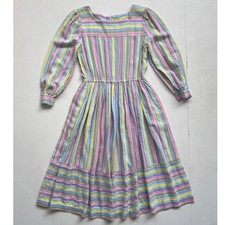 Vtg 80s Pastel Colorful Striped Full Long Sleeve Dress / Sz S/M / Retro Twee