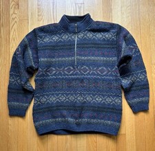 Vintage Alps Men  s 1/4 Zip Wool 100 Fair Isle Knit Sweater Large Blue Geometric