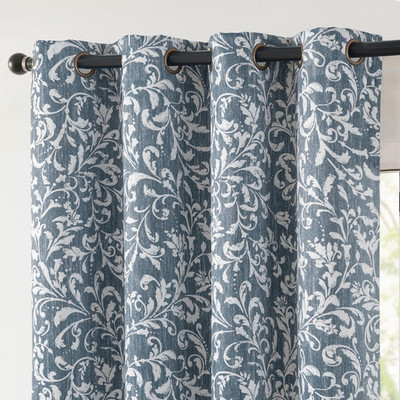 Blue Floral Blackout Curtains 84'' - Vintage Art Deco Thermal Drapes, 2 Panels