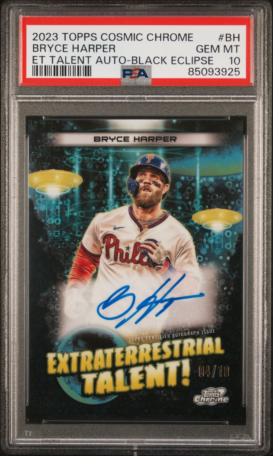 2023 TOPPS COSMIC EXTRATERRESTRIAL TALENT AUTO BRYCE HARPER 4/10 PSA 10 view 1