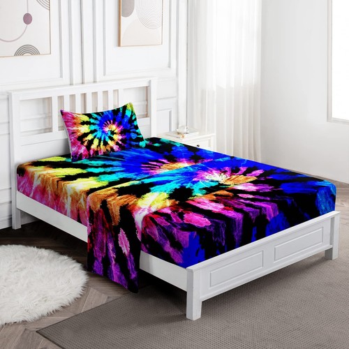 Tie Dye Bed Sheets Set Twin Size, Bohemian Bedding Flat Sheet Fitted Sheet Pi...
