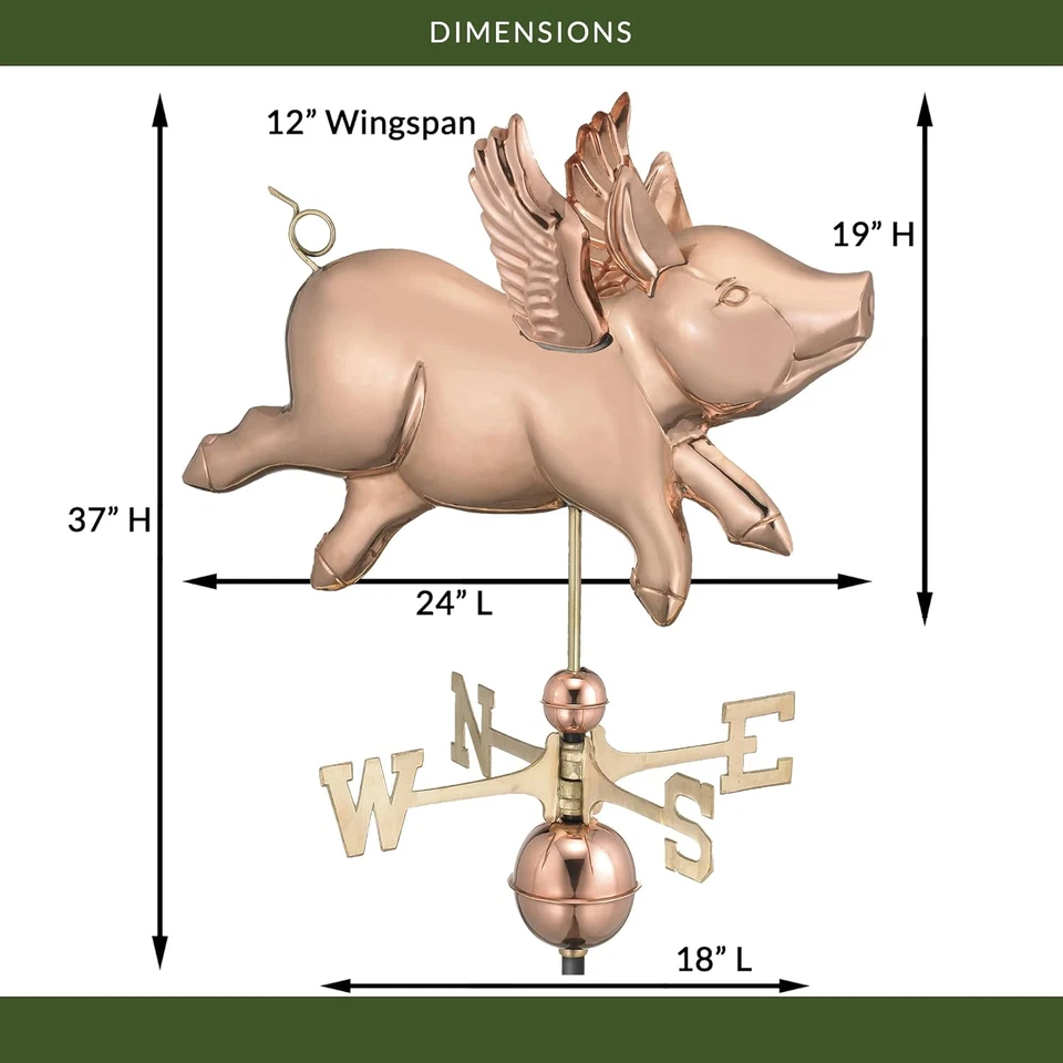 Veleta de cerdo volador de cobre pulido Good Directions - Acce decorativo en la azotea Foto 3 de 4