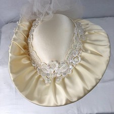 Vintage 80s Ivory Satin Brimmed Wedding HAT Flowers Lace Pearls Back Poof Veil