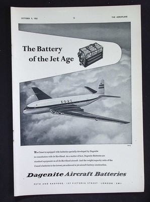 Original 1953 Werbung Dagenit Flugzeugbatterien De Havilland Comet