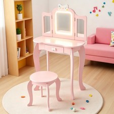 Kids Vanity Set - Princess Pink LED Mirror Makeup Table Tri-Fold  Stool 1 Drawer