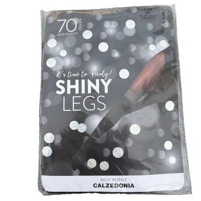 Calzedonia Shiny Legs Black & Metallic Silver Fashion Tights M/L Italy Glitter 