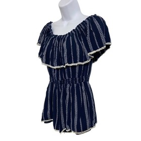 Lulus Embroidered Off The Shoulder Romper Pom Pom Trim Coastal Boho Resortwear M