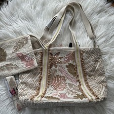America & Beyond Beaded Sequin Embellished Canvas Tote Bag with Pom Pom Trim