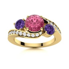 5MM Round Pink Topaz  Amethyst 925 Sterling Silver Gold Plated Three Stone Ring