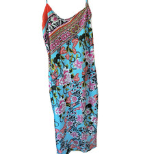 Natori Satin Nightgown S Blue Multi Floral Asian Print V-Neck Sleeveless Chemise