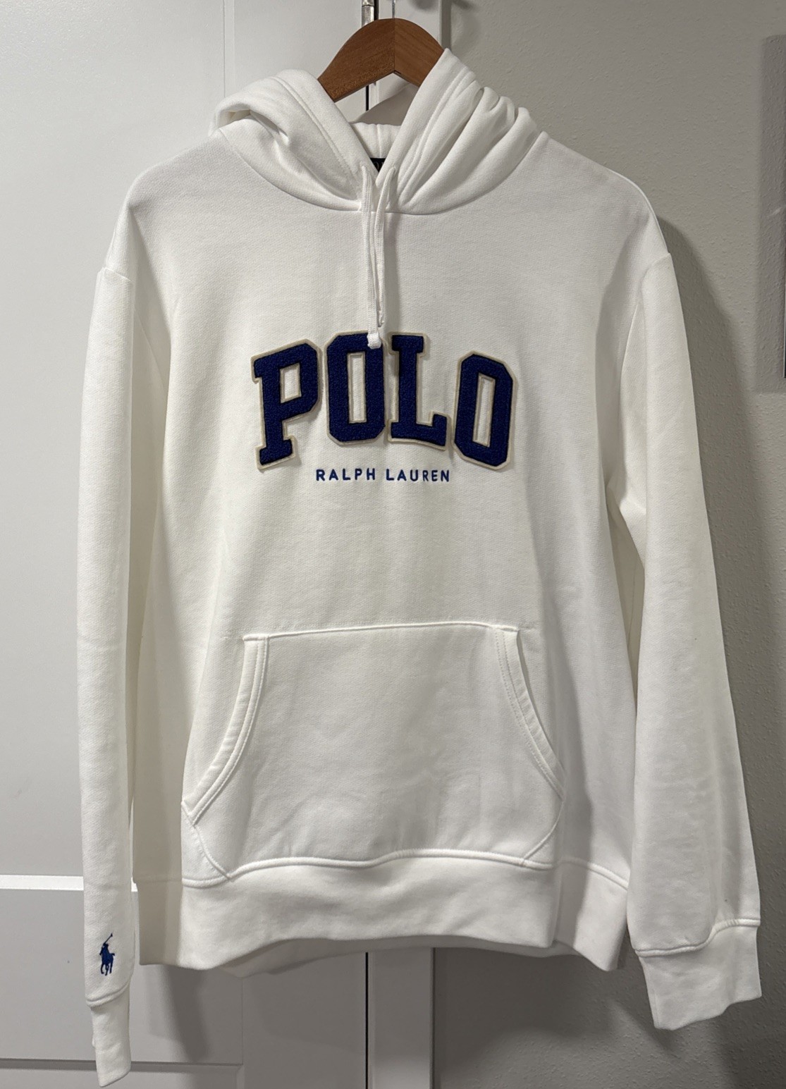 Polo Ralph Lauren Logo Fleece Hoodie White Royal Blue Chenille Men’s L NWT $168