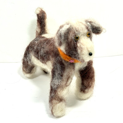 Handcrafted Felted Wool  Dog Soft Sculpture Brown White Marl  6''