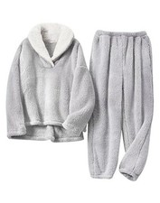 Women  s Winter Fluffy Pajama Set Fleece Pullover Loose Plush Medium Grey