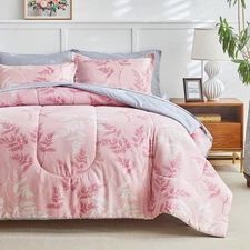 AIKASY Pink Queen Comforter Set with Sheets,Bed in a Bag 7-Pieces,Palm Tree T...
