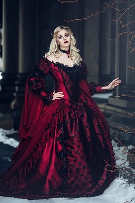 long red gothic dress Red Lace Gothic Mermaid Wedding Dress With Bat Sleeves, Long Train, and Gothic Collar Perfect for Wedding, Ball, Prom