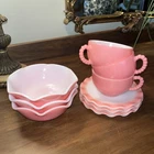 Set of 3 Vtg Hazel Atlas Milk Glass Pink Crinoline Teacups, Saucers, Bowls