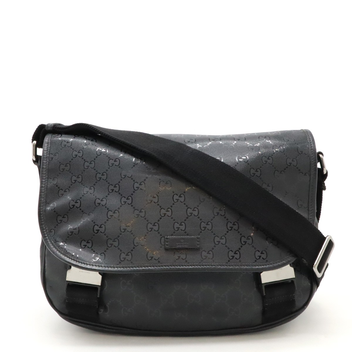 GUCCI GG Imprint Shoulder Bag Crossbody in Black Silver PVC Leather