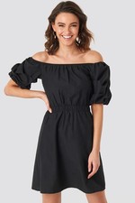 NA-KD Women's Dress Off Shoulder Puff Sleeve, Black, 34