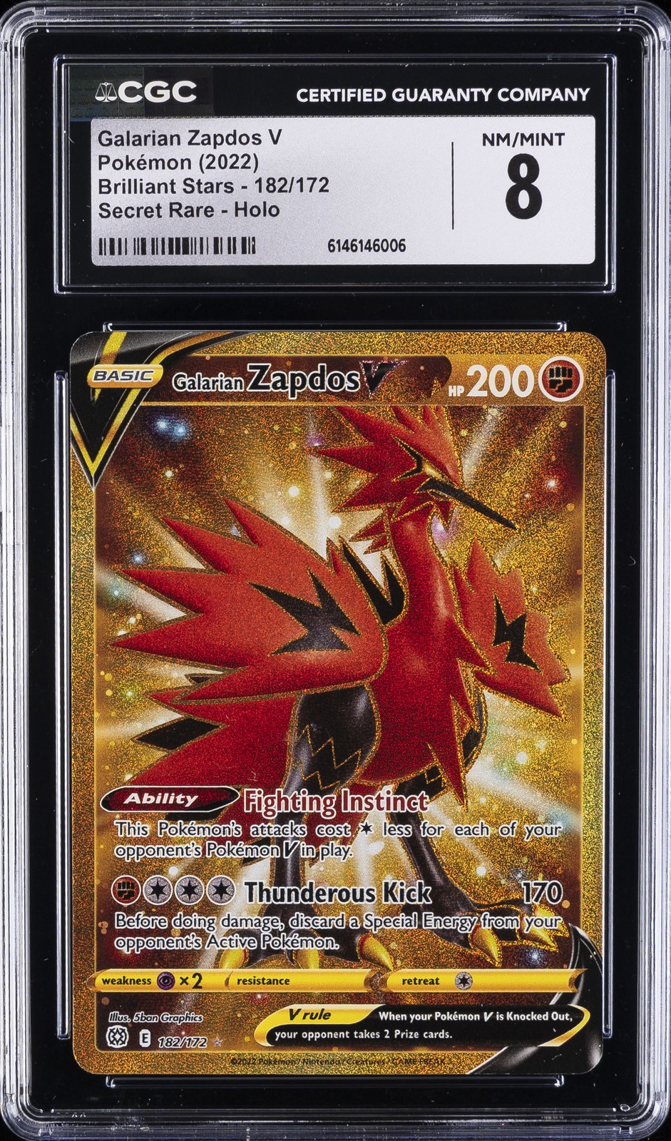 2022 POKEMON BRILLIANT STARS SECRET RARE HOLO #182 GALARIAN ZAPDOS V CGC 8