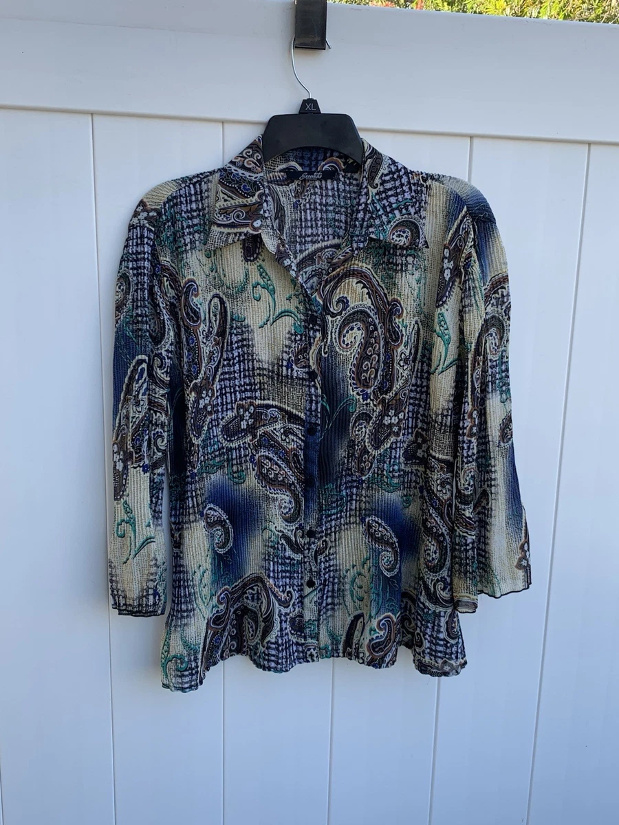 Blouse Femme Essentials By Milano - Taille L, Blanc, Effet Crinkle Brillant, Col En V