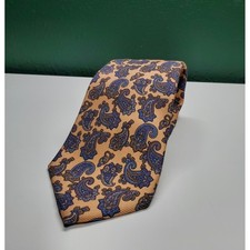 Neiman Marcus Mens Silk Tie Gold Blue Paisley Hand Made in USA Necktie