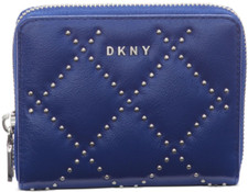 DKNY Womens Wallet Compact Zip around Royal Blue Quilted Leather Silver Stud NWT