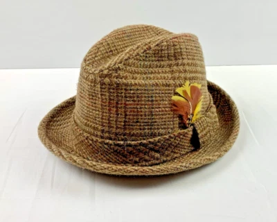 Vintage Dobbs Men's Tweed Golden-Era Fedora Hat Brown Plaid Feather Size 7 - Image 1 of 4