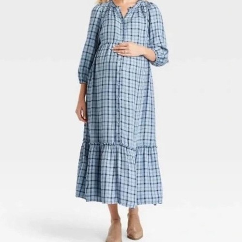 Ingrid Isabel Plaid House Dress 3/4 Sleeve Modern XS Blue Button Up Maternity - Picture 3 of 9