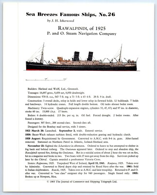 RAWALPINDI (1925) P&O Sea Breezes Famous Ships No. 26 History Data Sheet 1963