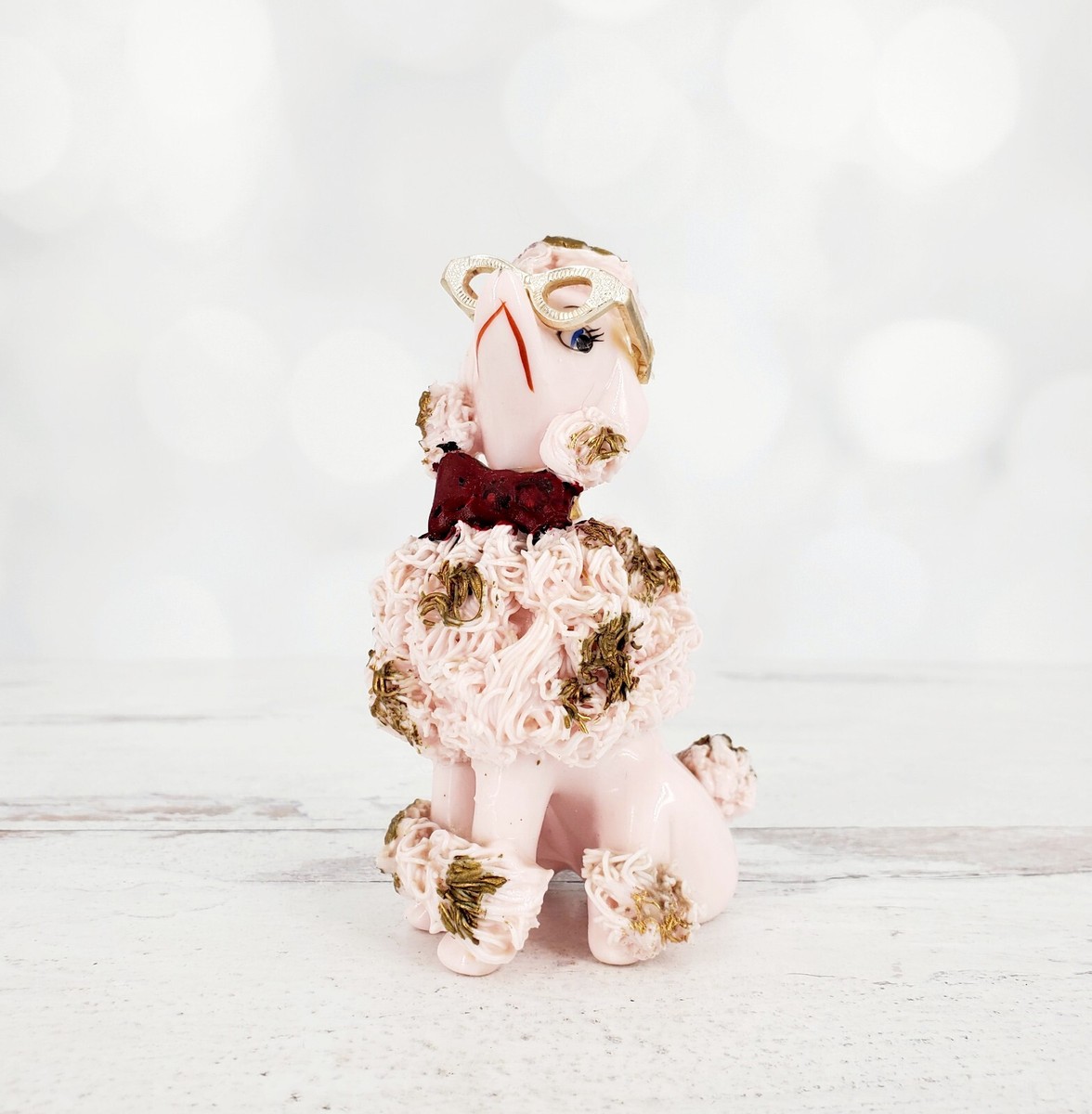 アルベロベロ　フラワーdogプリントカーデ　新品 Vintage Napco Pink Spaghetti Poodle with Metal Glasses Ceramic