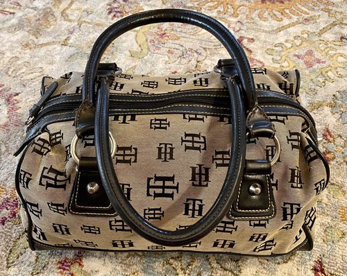 Tommy Hilfiger Monogram Logo Satchel Top Handle Handbag Purse Leather Trim