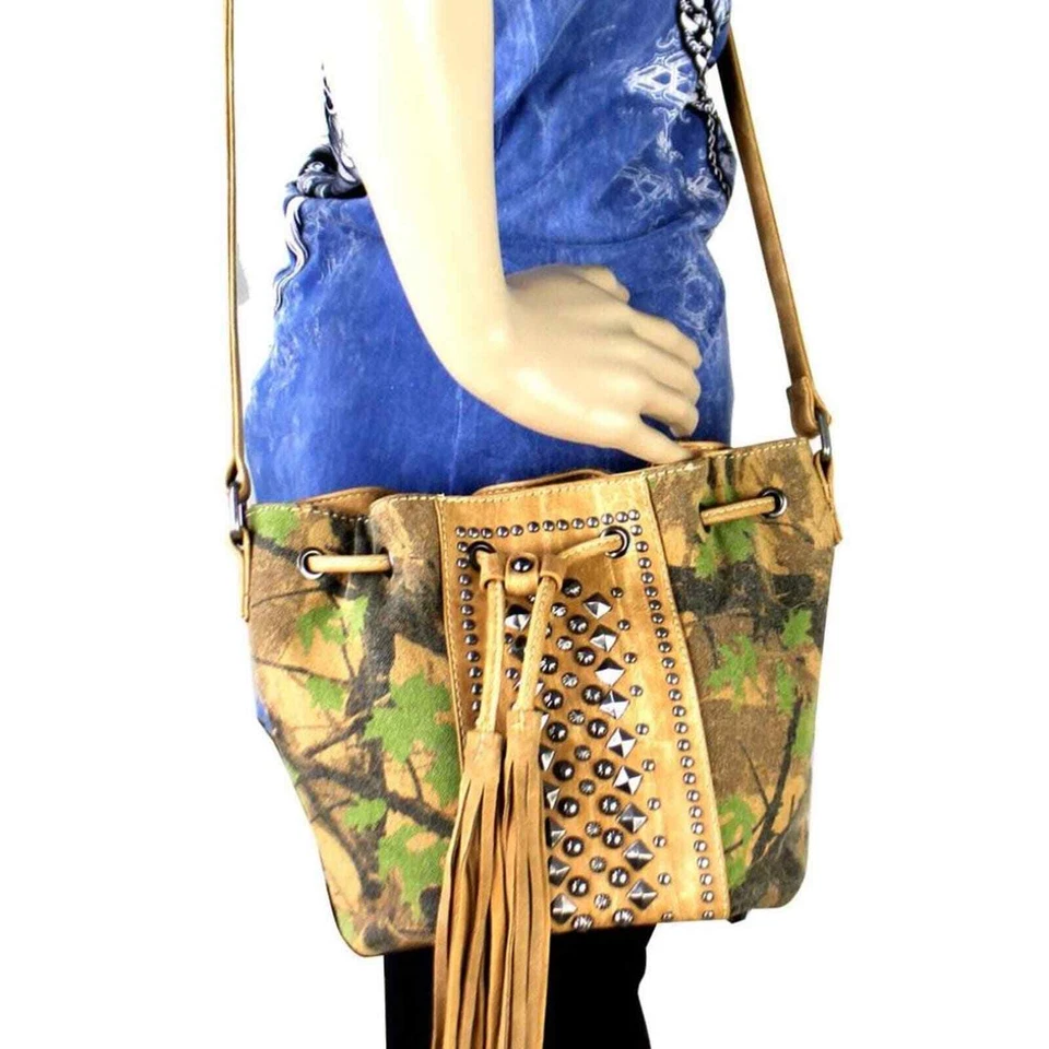 Camo Canvas  Bucket Crossbody Coffee Brown Tassels Studs - Image 2 of 2
