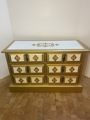 Vintage LARGE WOODEN FLORENTINE TRINKET/JEWELRY Box 6 Drawer Taiwan RARE MCM