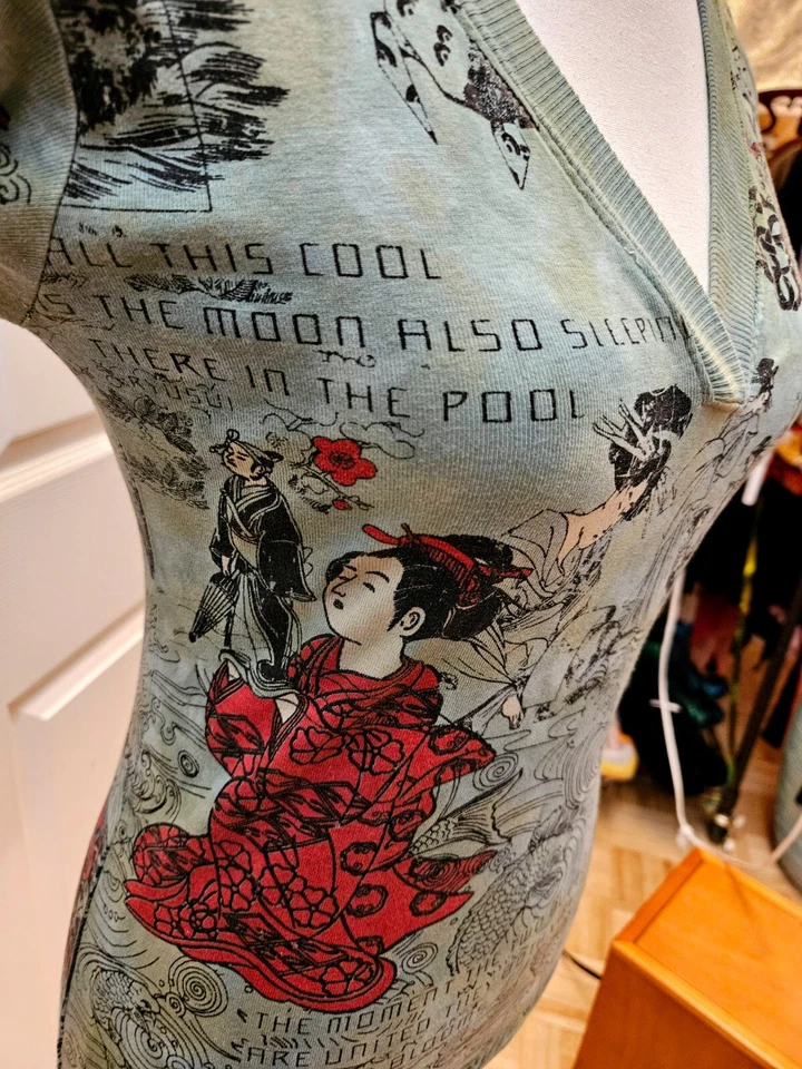 РЕДКИЙ новый Y2K GLIMA зеленый красный галстук краситель печати Японии гейша хлопок блузка верхний S - Изображение 3 из 4