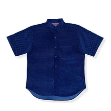 Vintage REPLAY Shirt Mens Size L Blue Velour Velvet Squares Pattern Short Sleeve