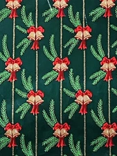 VTG CHRISTMAS WRAPPING PAPER GIFT WRAP GOLD BELLS RED RIBBON ON GREEN NOS
