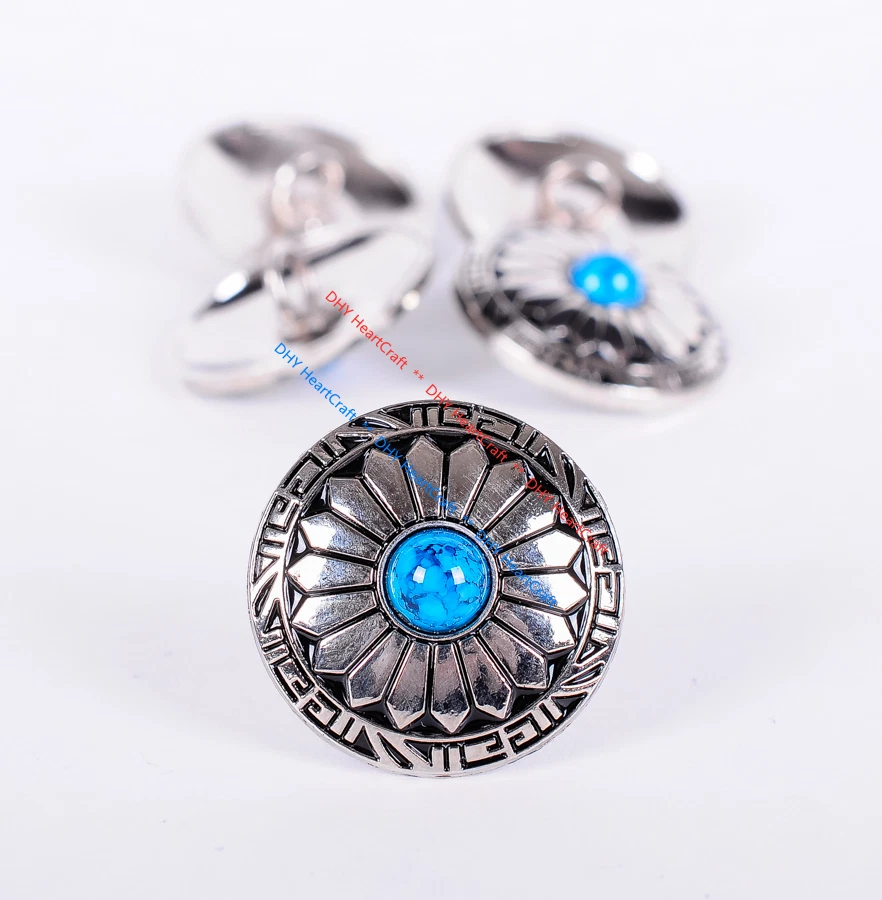 10X 30MM Western Sun Flower BlueTurquoise Leather Sewing Shank Buttons Conchos - Image 3 of 4
