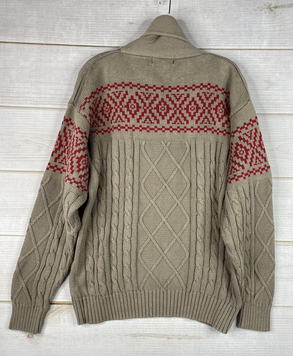 Vintage Eddie Bauer Sweater Mens M Tan Red Christmas Shawl Collar Heavy  Cotton | eBay