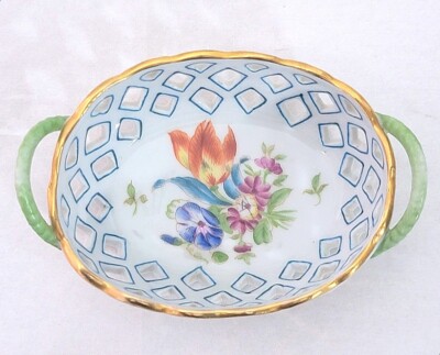 Herend Hungry Oval Shape Handled Basket Dish Bowl                            433